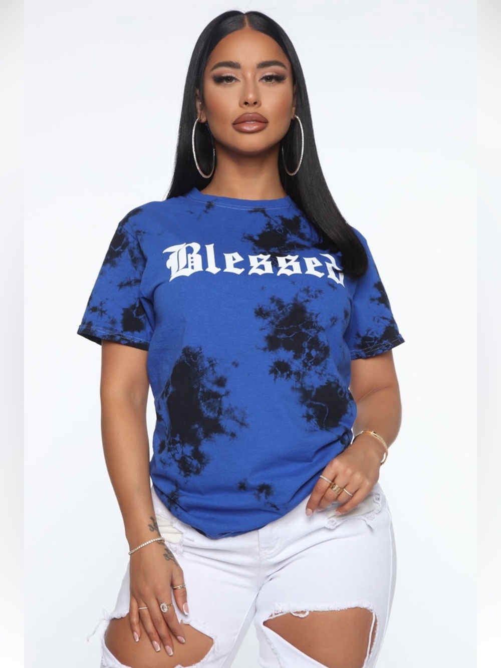 Fashion Nova Blessed Tie Dye Graphic Tee | Blue & Black